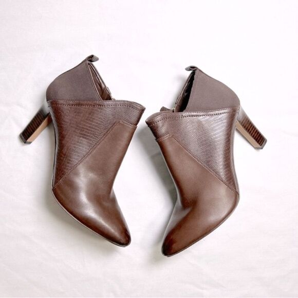 NWOT Franco Sarto Brown Leather Pointed Toe High Heel Booties - Picture 1 of 6